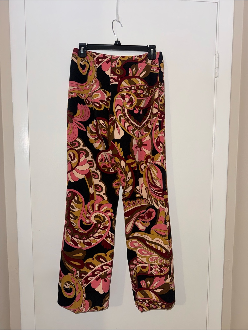 Mango Black Wide-Leg Pants with Pink and Brown Paisley Print